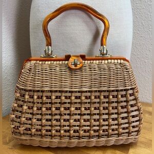 Vintage 1950s Wicker Box Bag Lucite Handle MCM Cottagecore